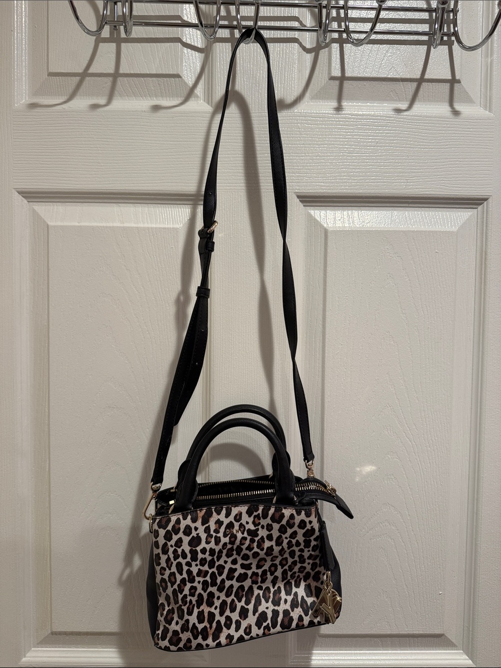Leopard Print Mini Satchel Handbag with Black Trim